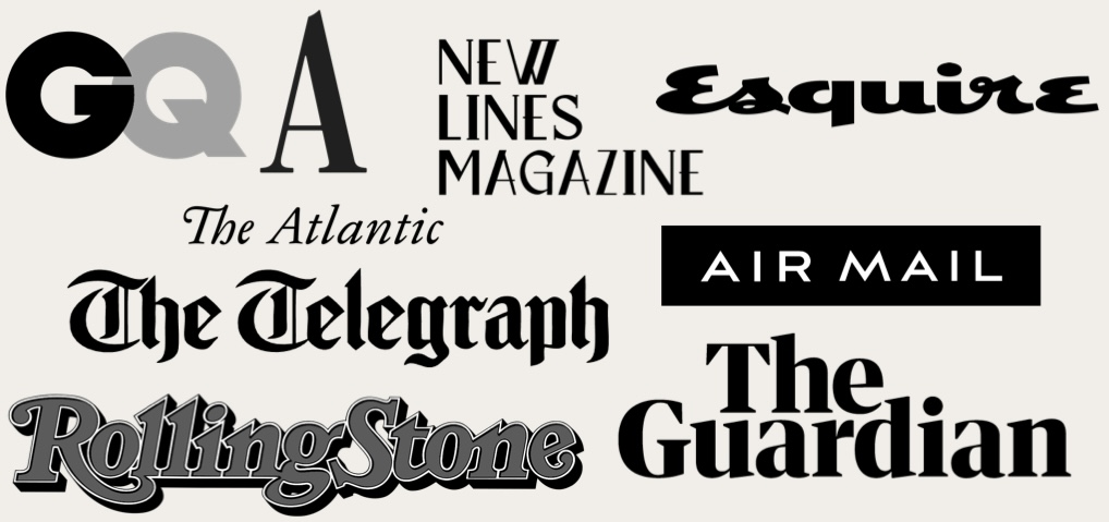 Selected outlets: The Atlantic, The Guardian, The Telegraph, New Lines Magazine, Rolling Stone, and Air Mail